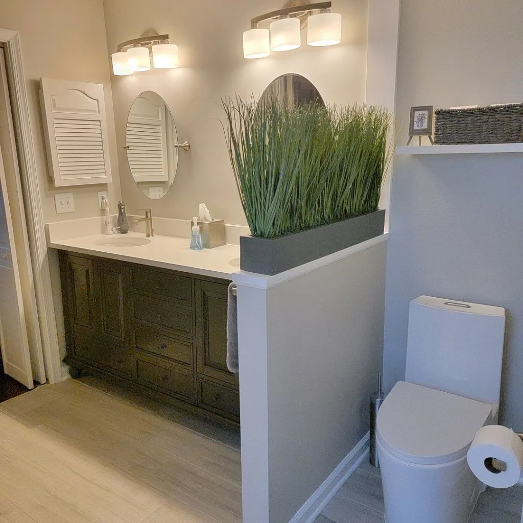 Bathroom remodel with double vanity, toilet, and medicine cabinet