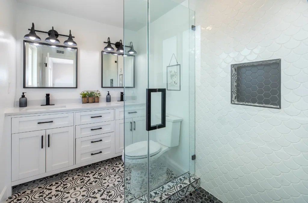 Modern gray bathroom concept with wall-hung fixtures