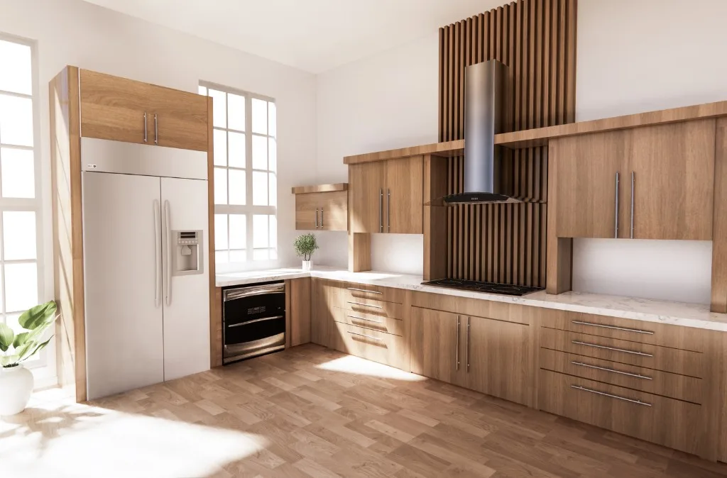 Modern wood kitchen concept with vertical slat feature wall