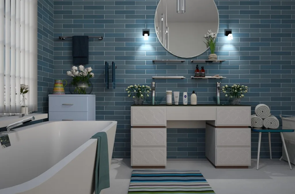 Modern wood-accent bathroom concept with open shower