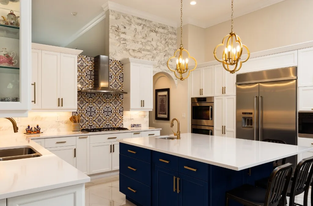 Wood-tone kitchen concept with integrated range wall and clean lines