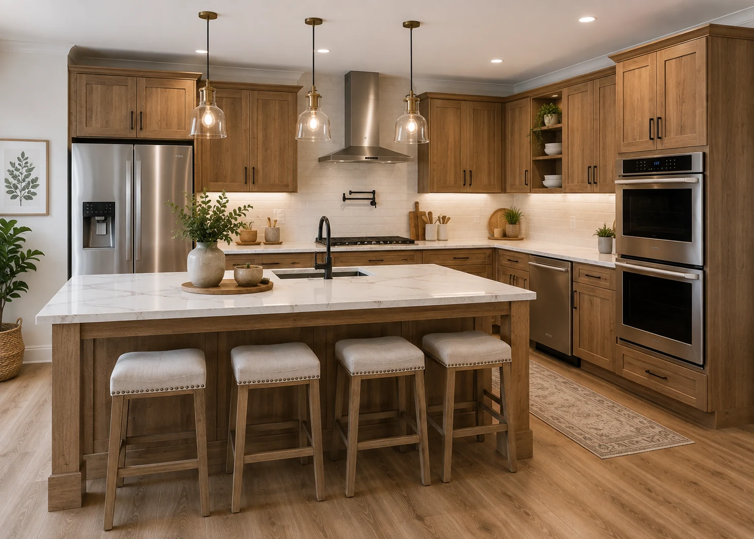 Open kitchen project with wood cabinetry and statement stone surfaces