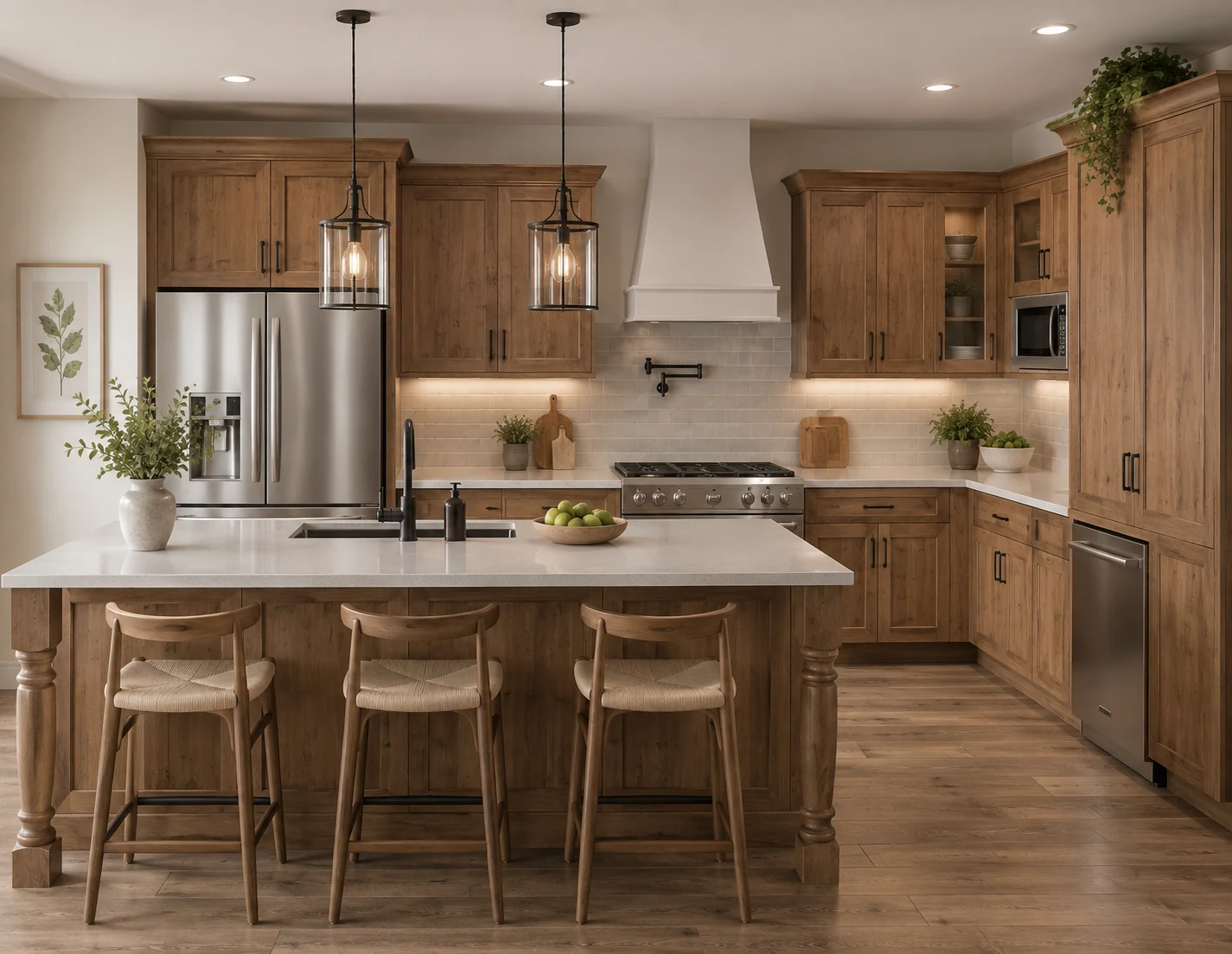 Kitchen remodeling project with natural wood cabinetry and waterfall island