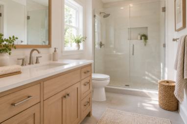 Coordinated shower, vanity, and hardware finishes