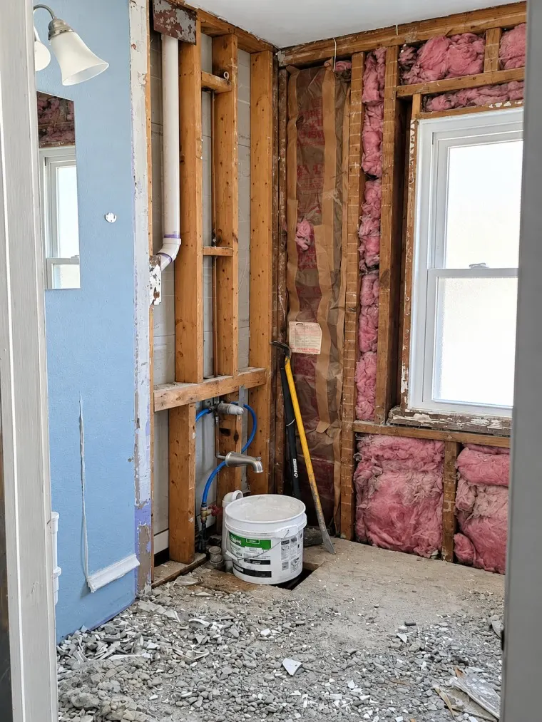 1. Bathroom demolition with exposed walls and insulation