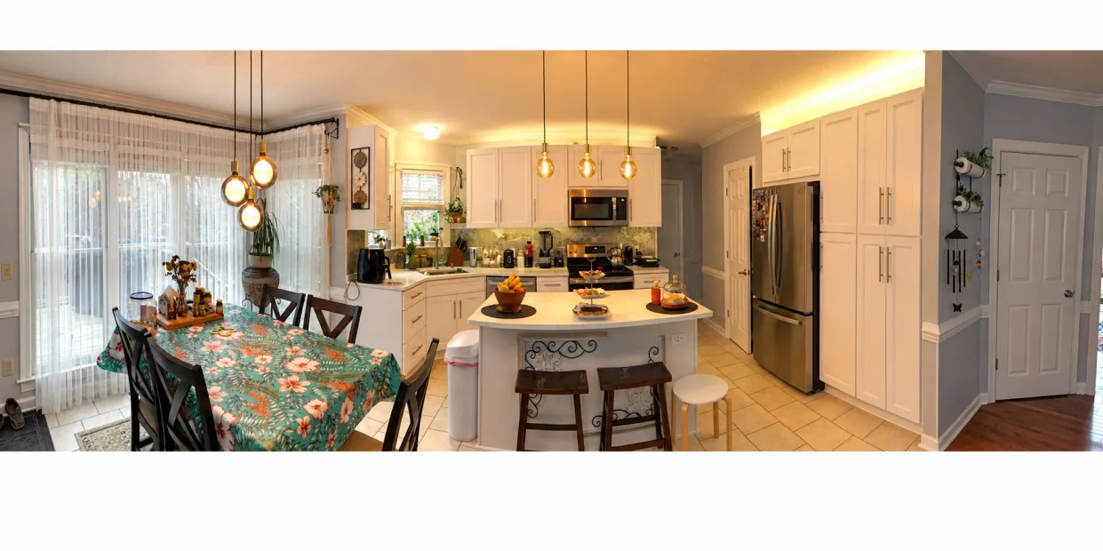 Modern kitchen island with quartz countertop and stools