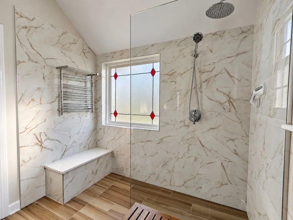 Modern marble shower renovation