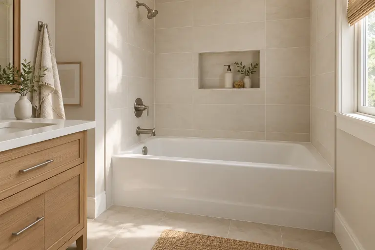 Bathtub surrounded by wall tile finishes