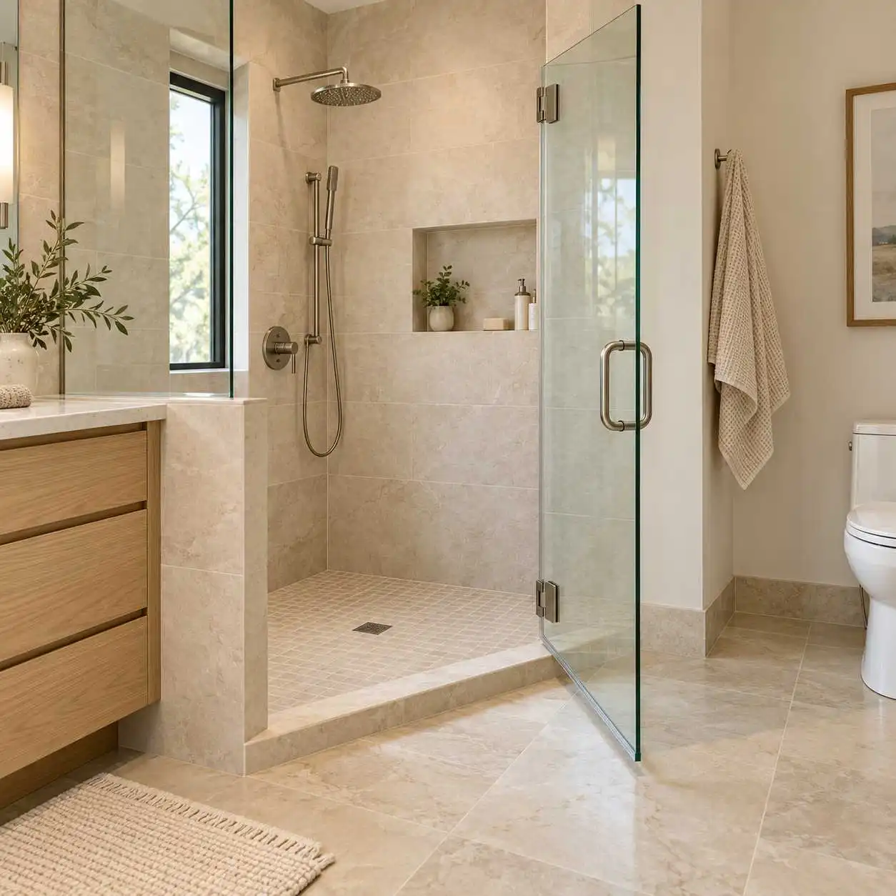 Walk-in shower entry and door clearance
