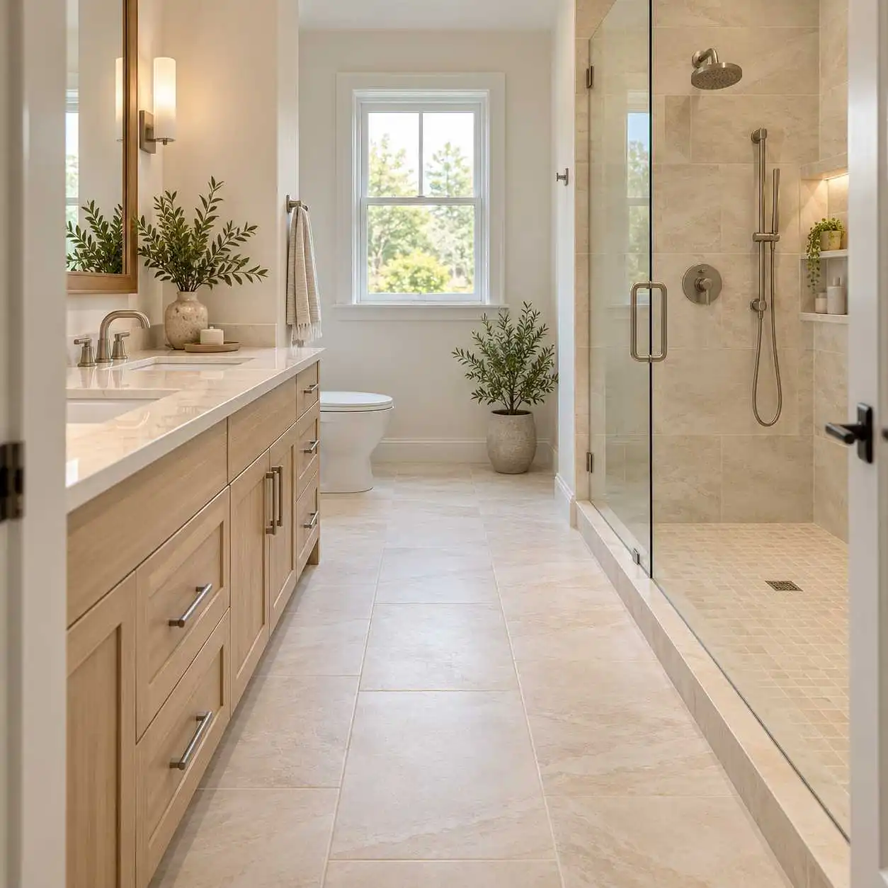 Walking space between vanity and shower