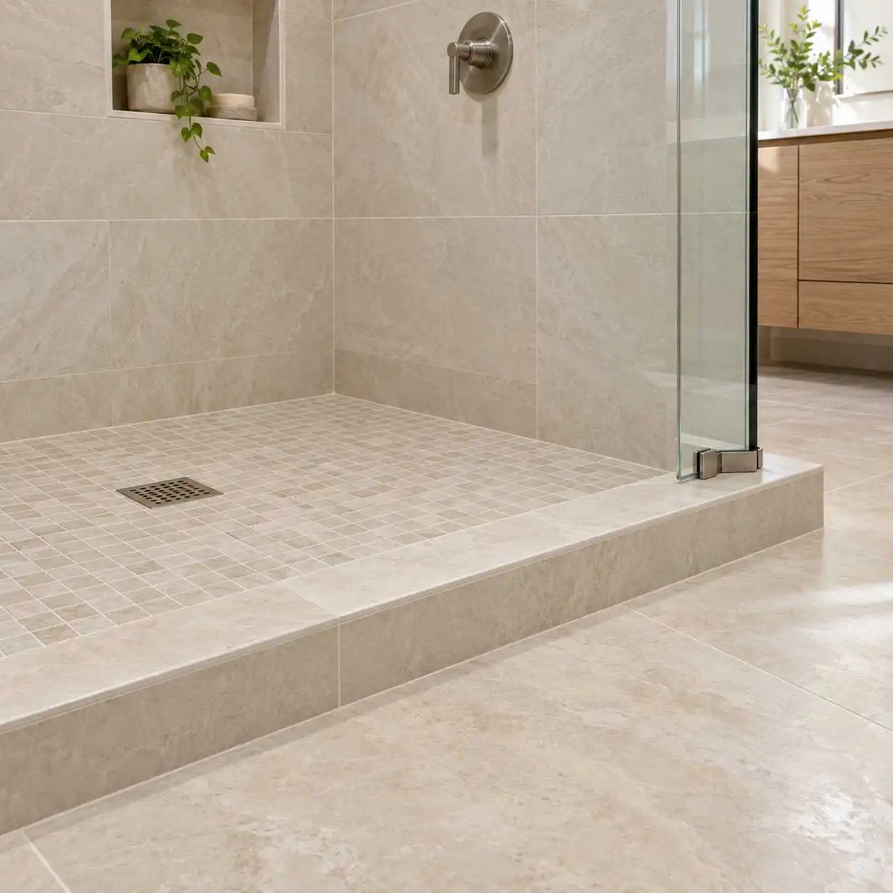 Existing bathroom walls and floors around a shower